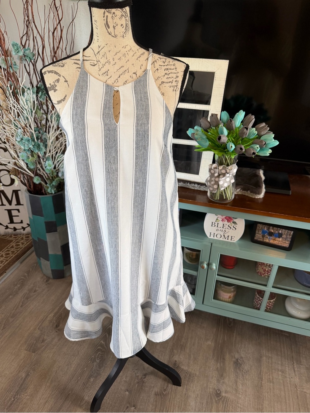 She + Sky White and Gray Striped Midi Dress Size Small